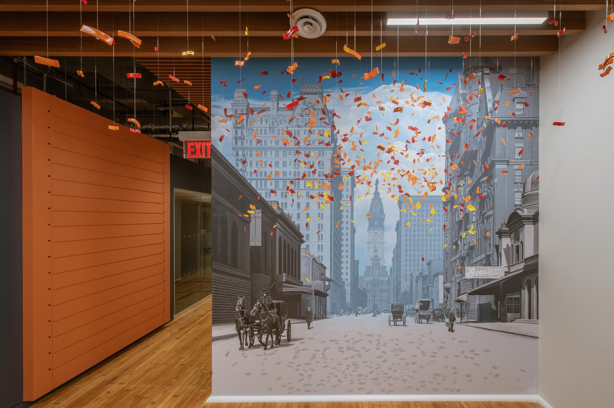 Historic Broad Street mural with hanging glass sculpture