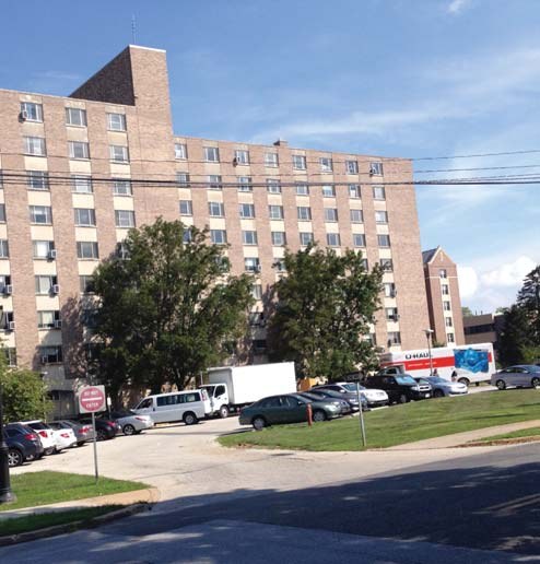 Wayne Hall, a nine-story brick building at West Chester University