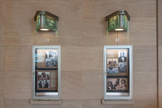 Historic window signs in the Nix Federal Building lobby
