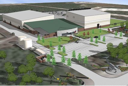 Design rendering of the CERDEC Flight Activity Center hangars and administration building
